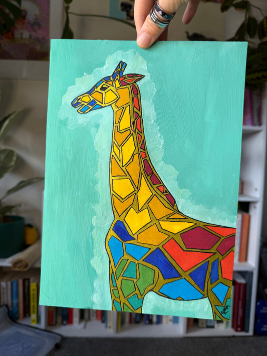 colourful giraffe original painting in gouache