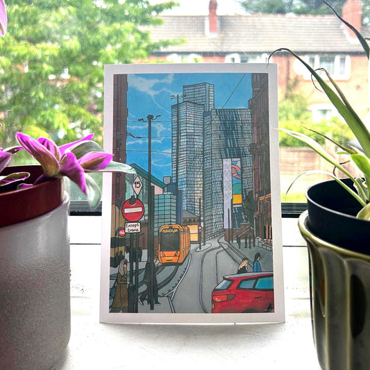 rush hour in manchester city centre original art print a5