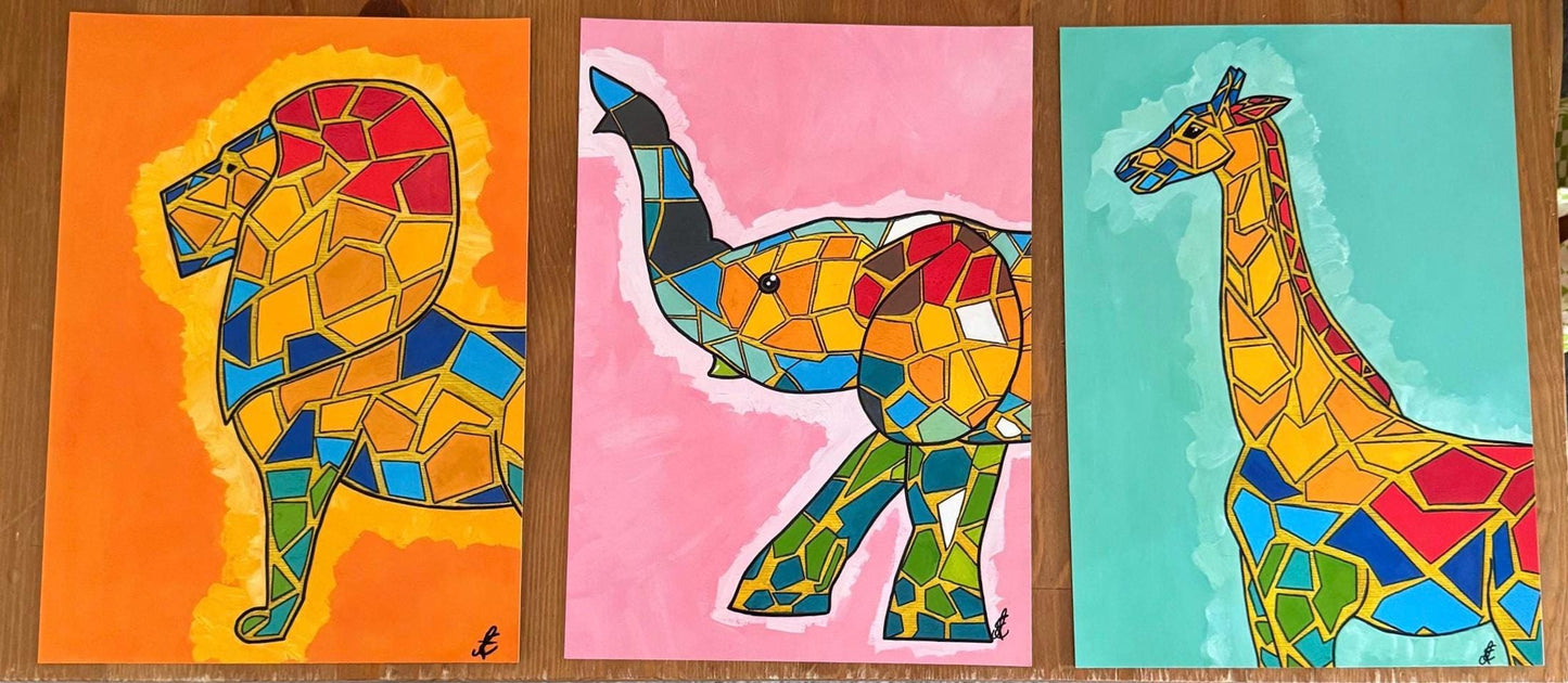 colourful giraffe original art print a4