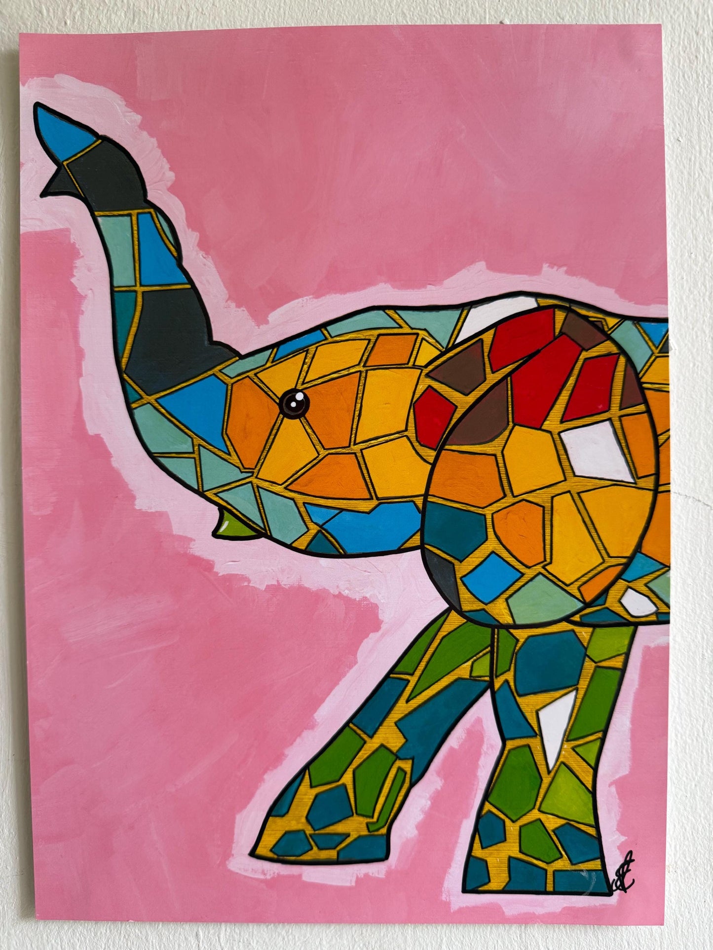 colourful elephant original art print a4