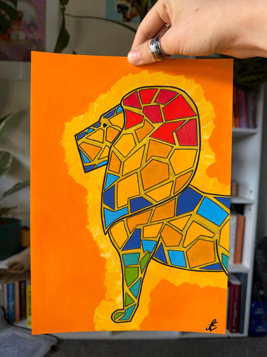 colourful lion original art print a4