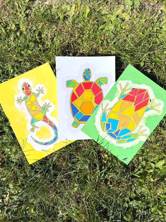 colourful lizard original art print a4