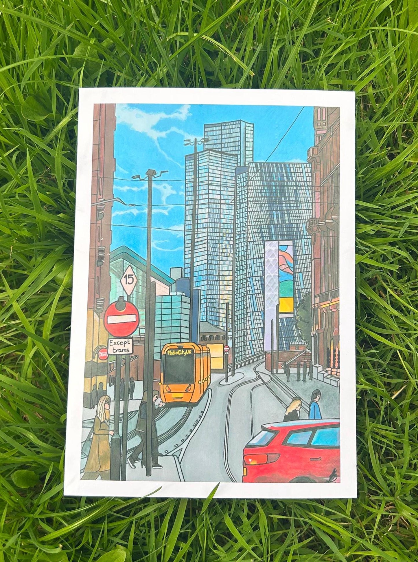 rush hour in manchester city centre original art print a5