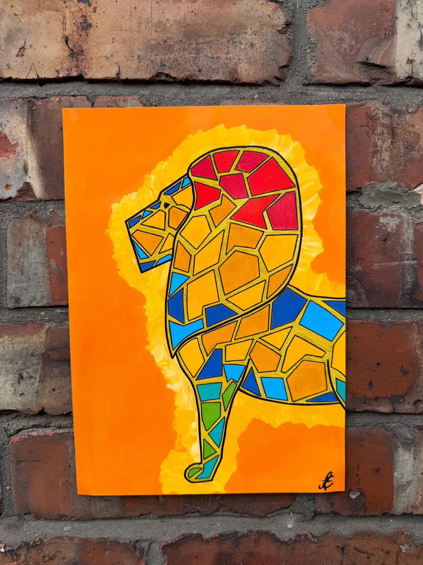 colourful lion original art print a4