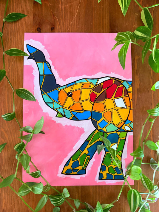 colourful elephant original art print a4