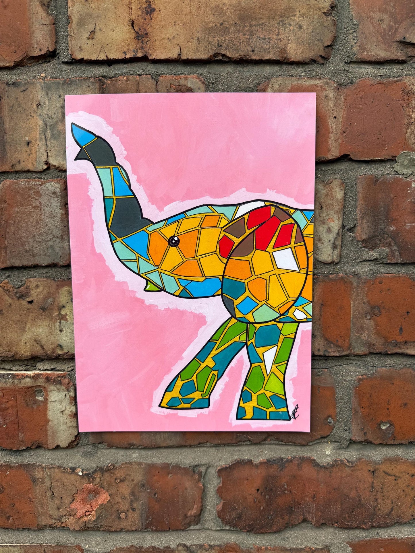 colourful elephant original art print a4