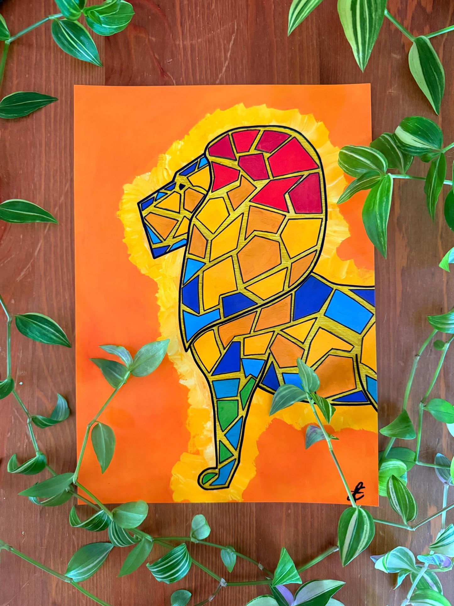 colourful lion original art print a4