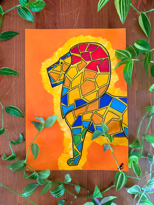 colourful lion original art print a4