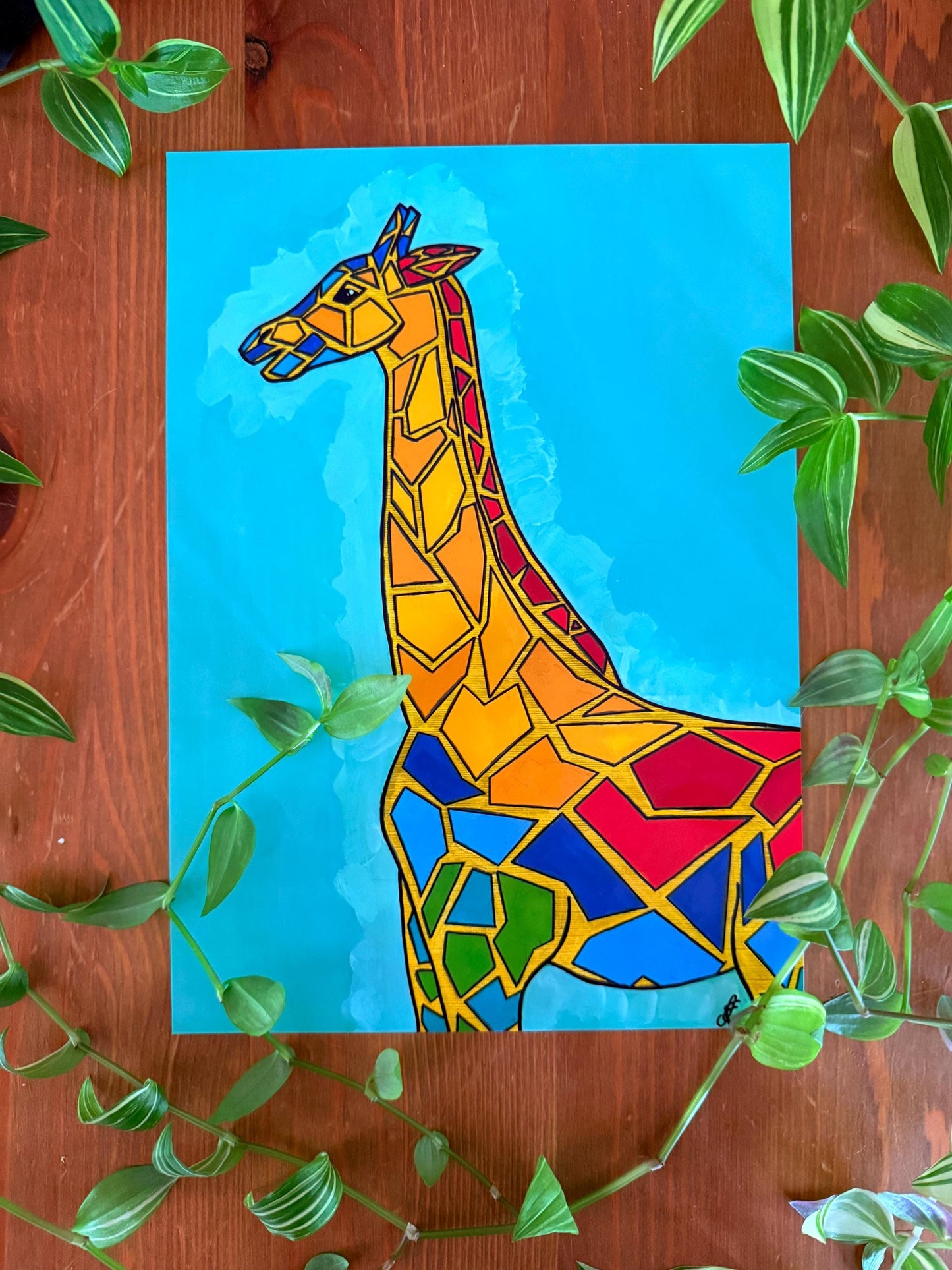 colourful giraffe original art print a4