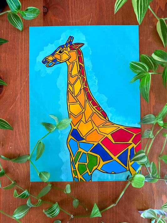 colourful giraffe original art print a4