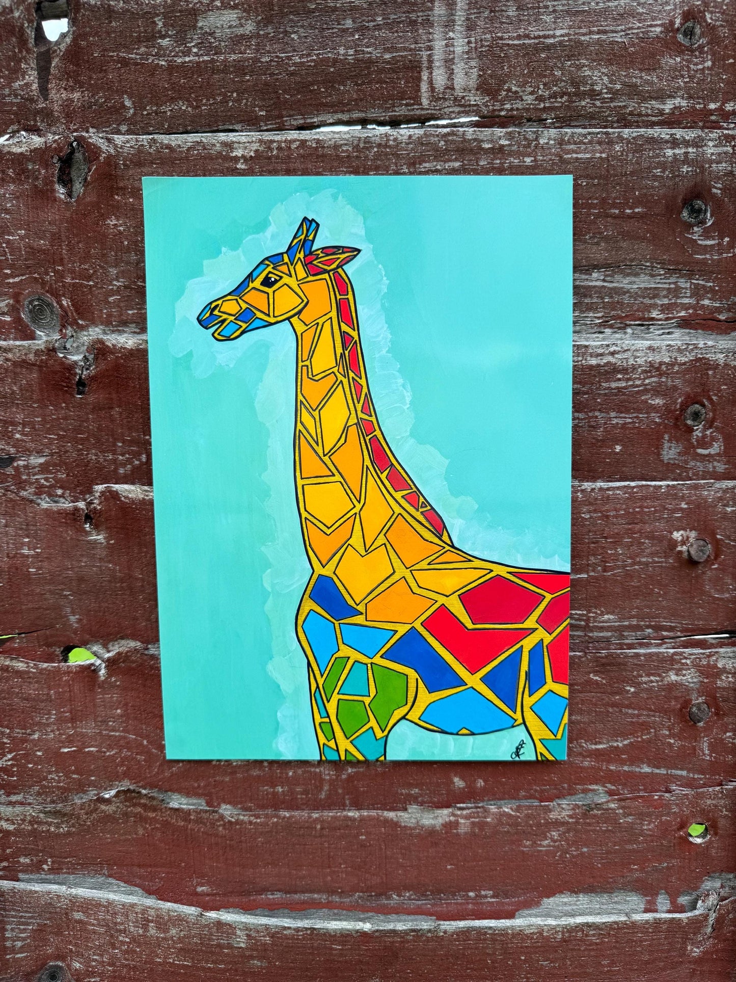 colourful giraffe original art print a4