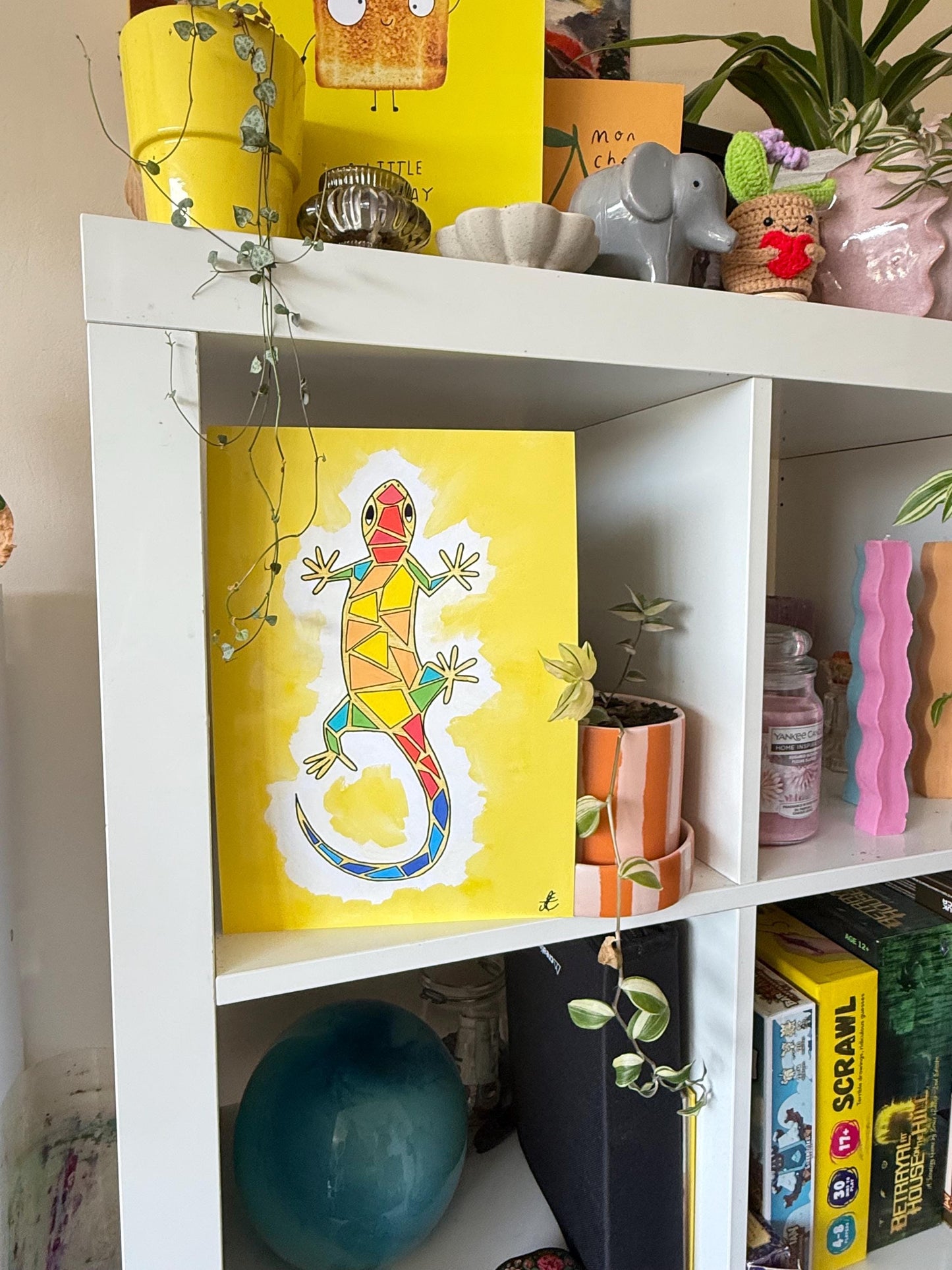 colourful lizard original art print a4