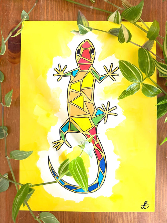 colourful lizard original art print a4