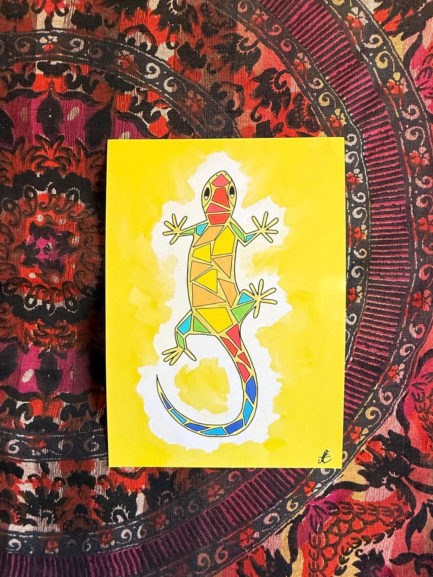 colourful lizard original art print a4