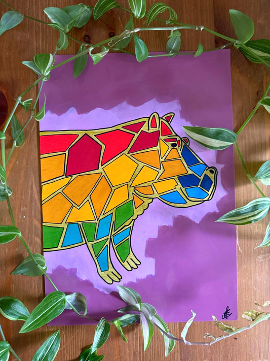 rainbow hippo original art print