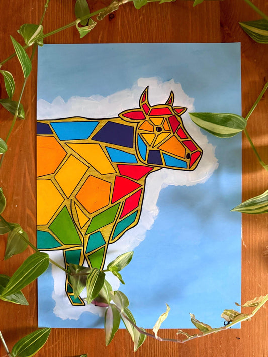 rainbow cow original art print